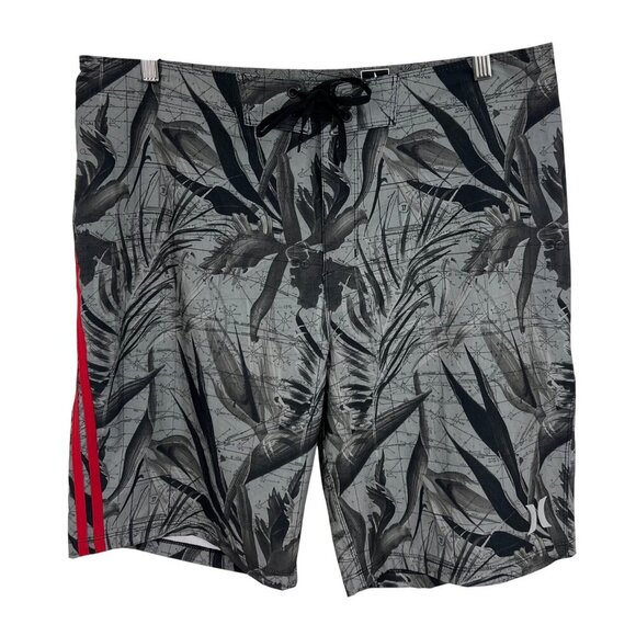 Hurley Mens 34 Gray Tropical Board Shorts Red Stripe Gray Stretch Swim EUC - Picture 1 of 10